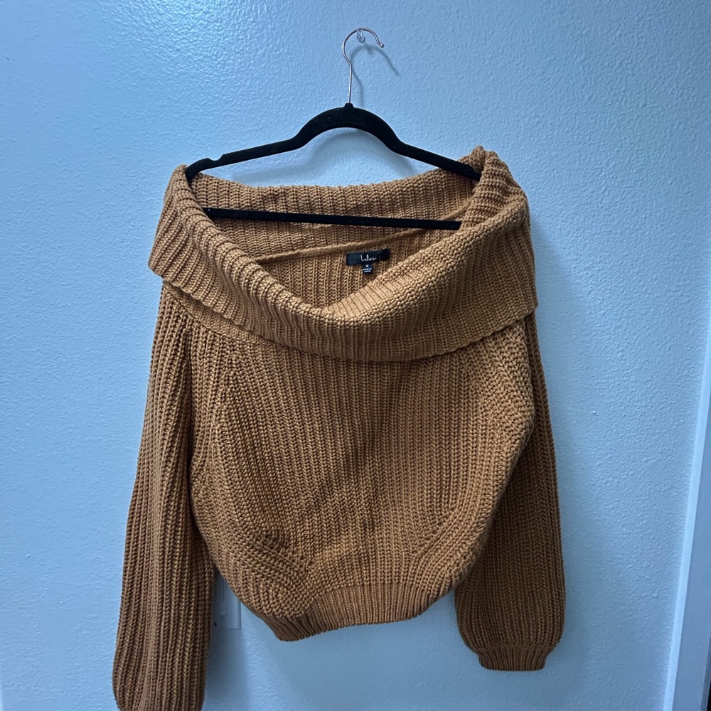 Lulu's Tan Off-the-Shoulder Sweater Ribbed Knit